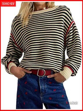 Oversized Striped Knit Sweater Long Sleeve Crew Neck Pullover